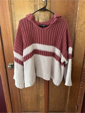 Colorblock Hooded Knit Sweater - Dusty Rose & Cream